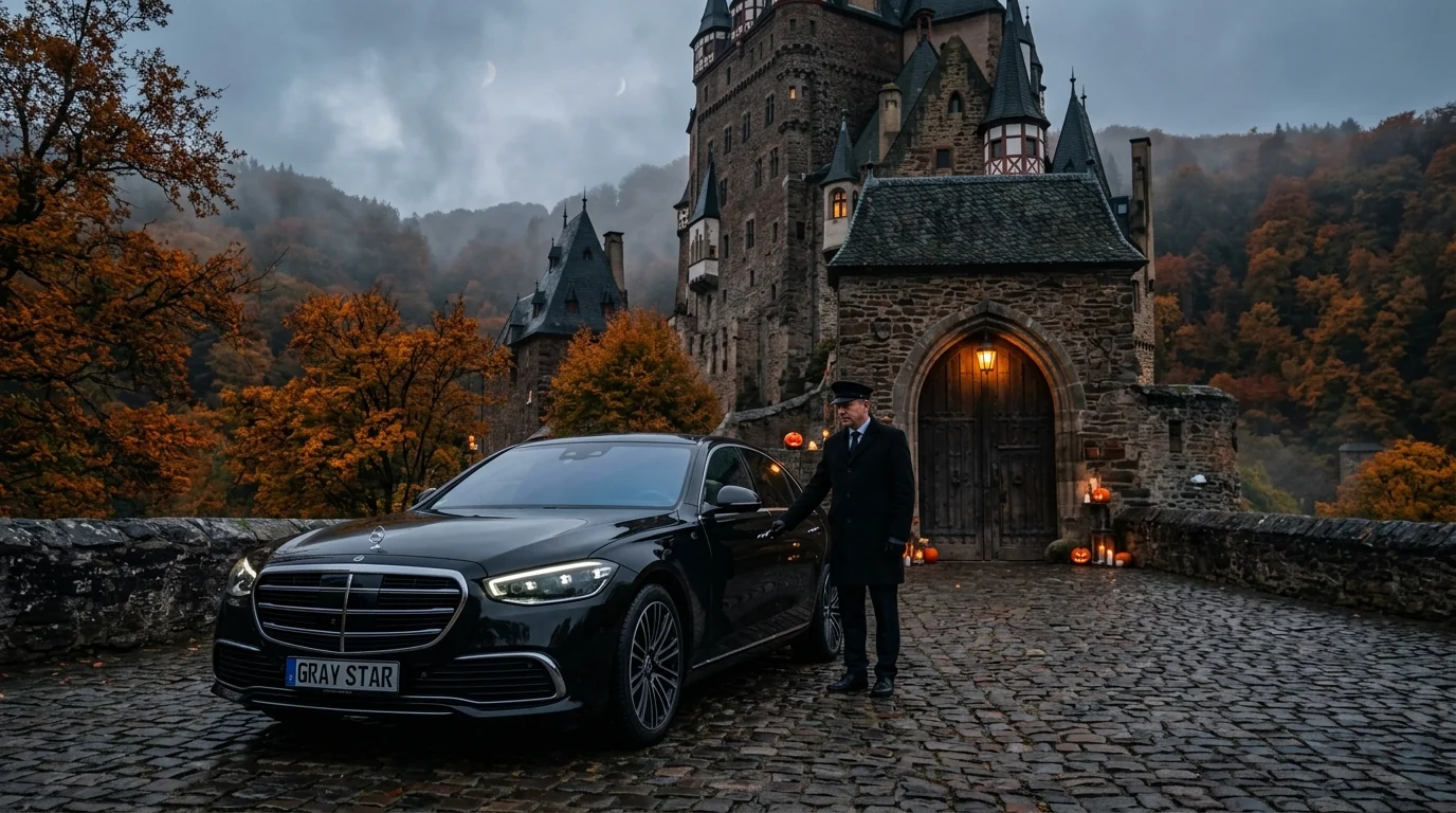 Black Mercedes S-Class parked in cobblestone courtyard of a majestic Gothic German castle in autumn mist with Gray Star plate