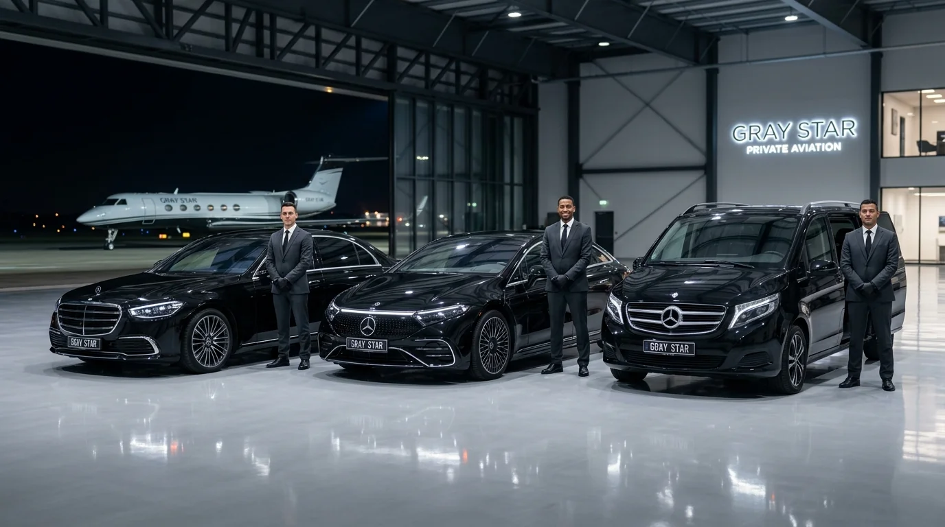Obsidian black Mercedes S-Class, EQS electric sedan, and V-Class van lined up in hangar with Gray Star plates