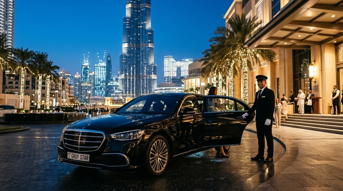 Obsidian black Mercedes S-Class with Gray Star license plate in Downtown Dubai with Burj Khalifa skyline