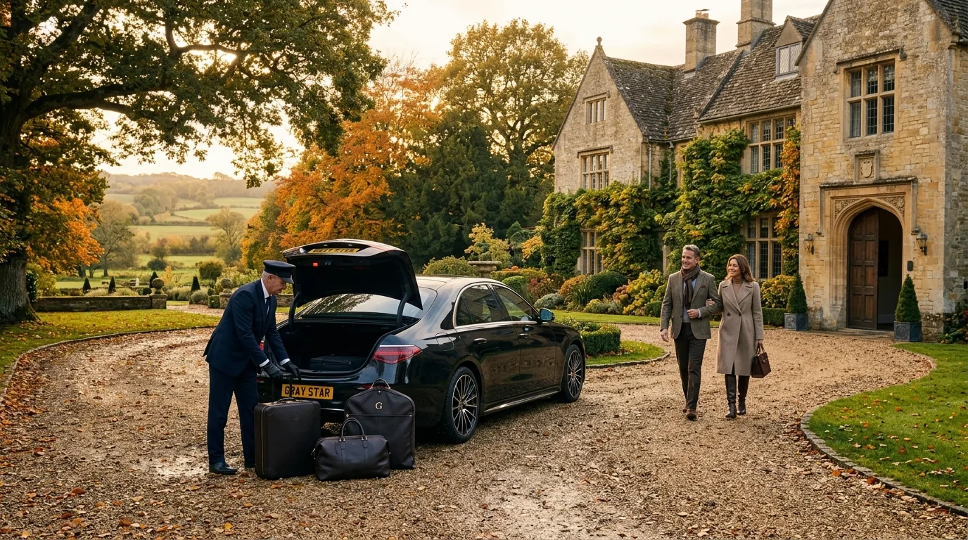 Mercedes V-Klasse Großraumlimousine mit Gray Star Kennzeichen vor einem historischen englischen Gutshaus in den Cotswolds