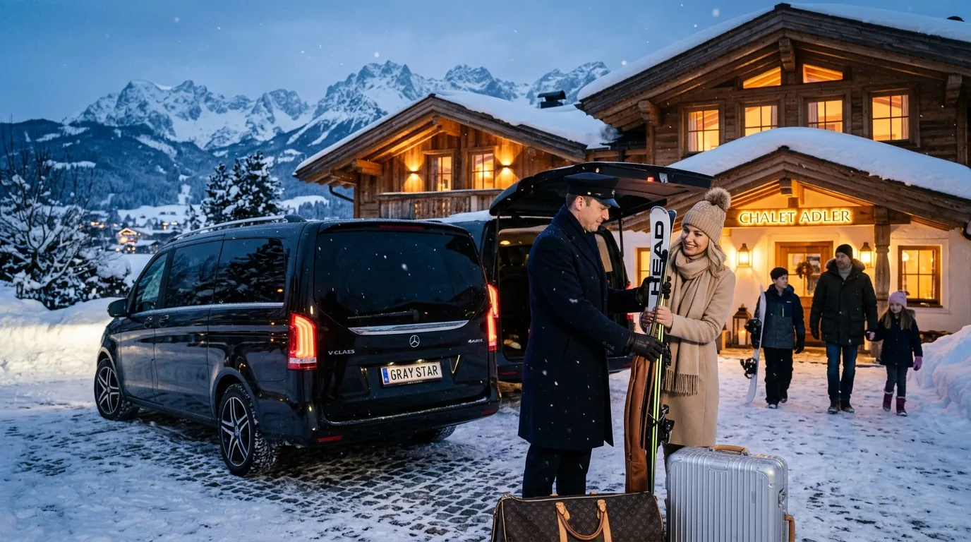 Obsidian black Mercedes V-Class 4MATIC with Gray Star plate parked outside an exclusive luxury ski chalet in Kitzbühel