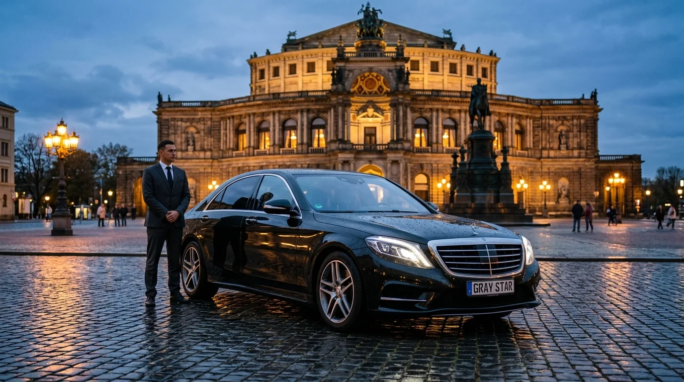 Obsidian black Mercedes S-Class luxury sedan with Gray Star license plate parked in front of the illuminated neo-Renaissance Vienna State Opera on Ringstraße at night with red carpet guests